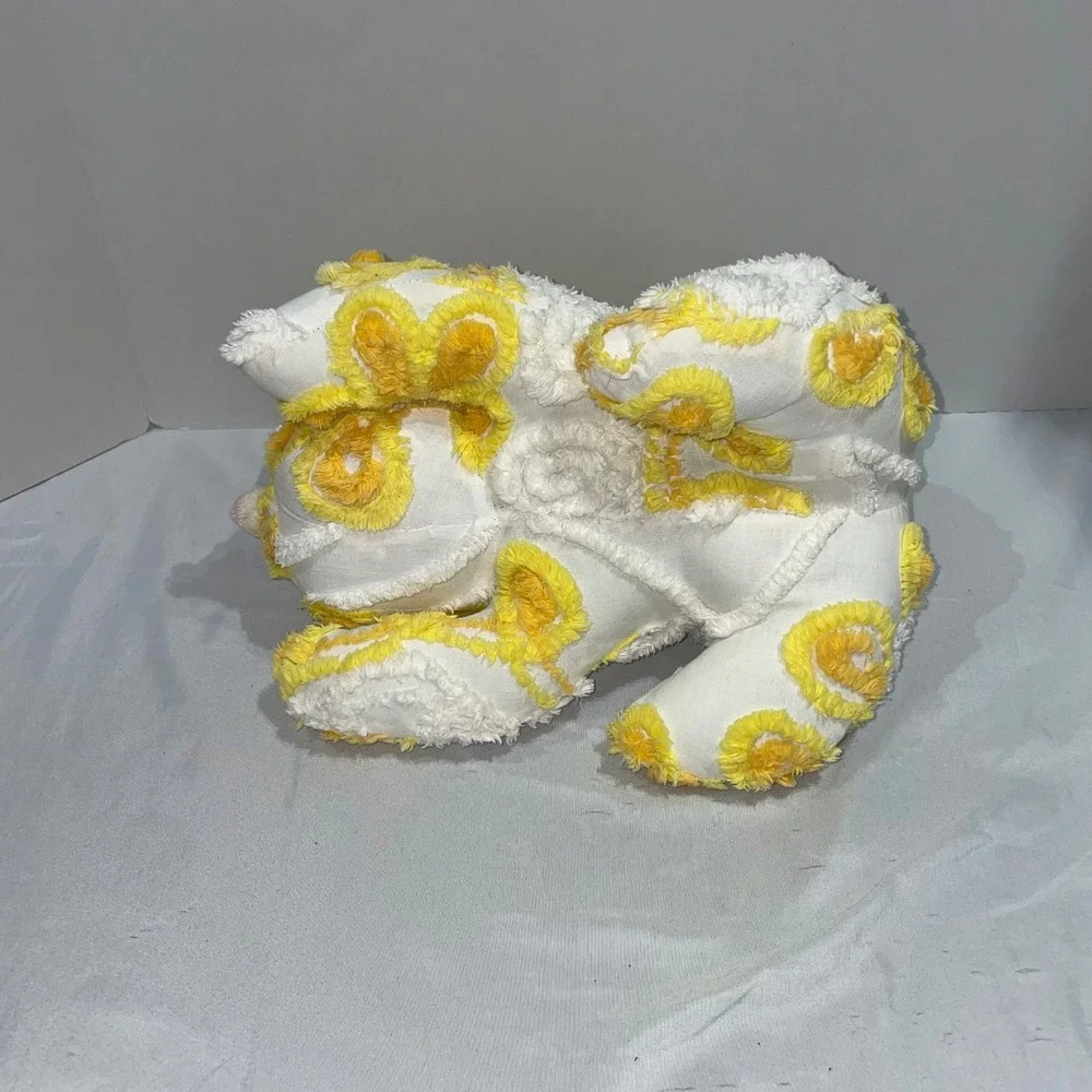 Vintage Chenille Bunny Rabbit Plush Yellow Floral Tufted Stuffed Animal Easter